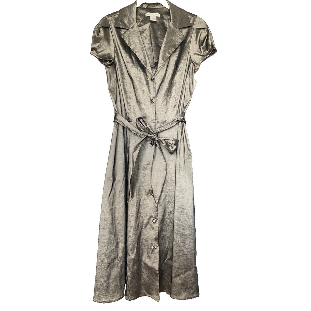 Vintage Liz Claiborne Metallic Fit Flare Dress 10 Gray Short Sleeve Elegant